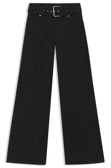 Hlače BOSS Belted Wide-Leg Stretch-Cotton Satin Trousers Crna | 50548143
