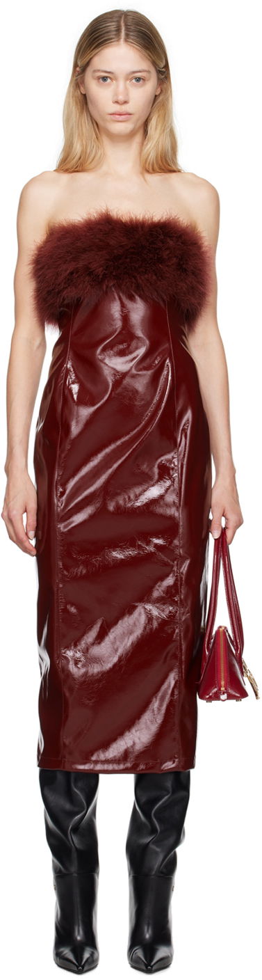 Haljina Blumarine Feather Trim Faux-Leather Midi Dress Tamnocrvena | A422A481A