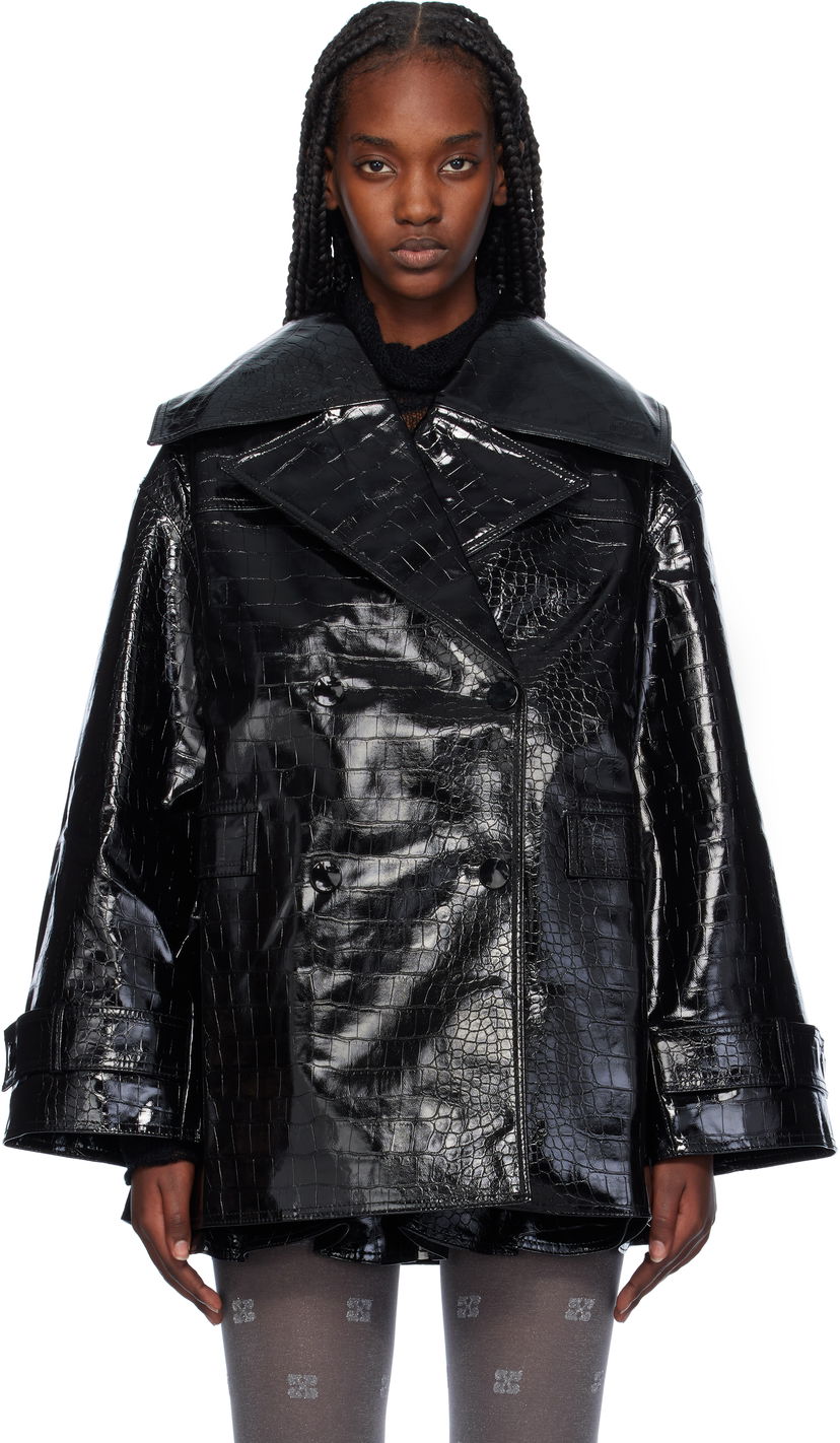 Trenčkot GANNI Croc-Embossed Faux-Leather Blazer Crna | F9463