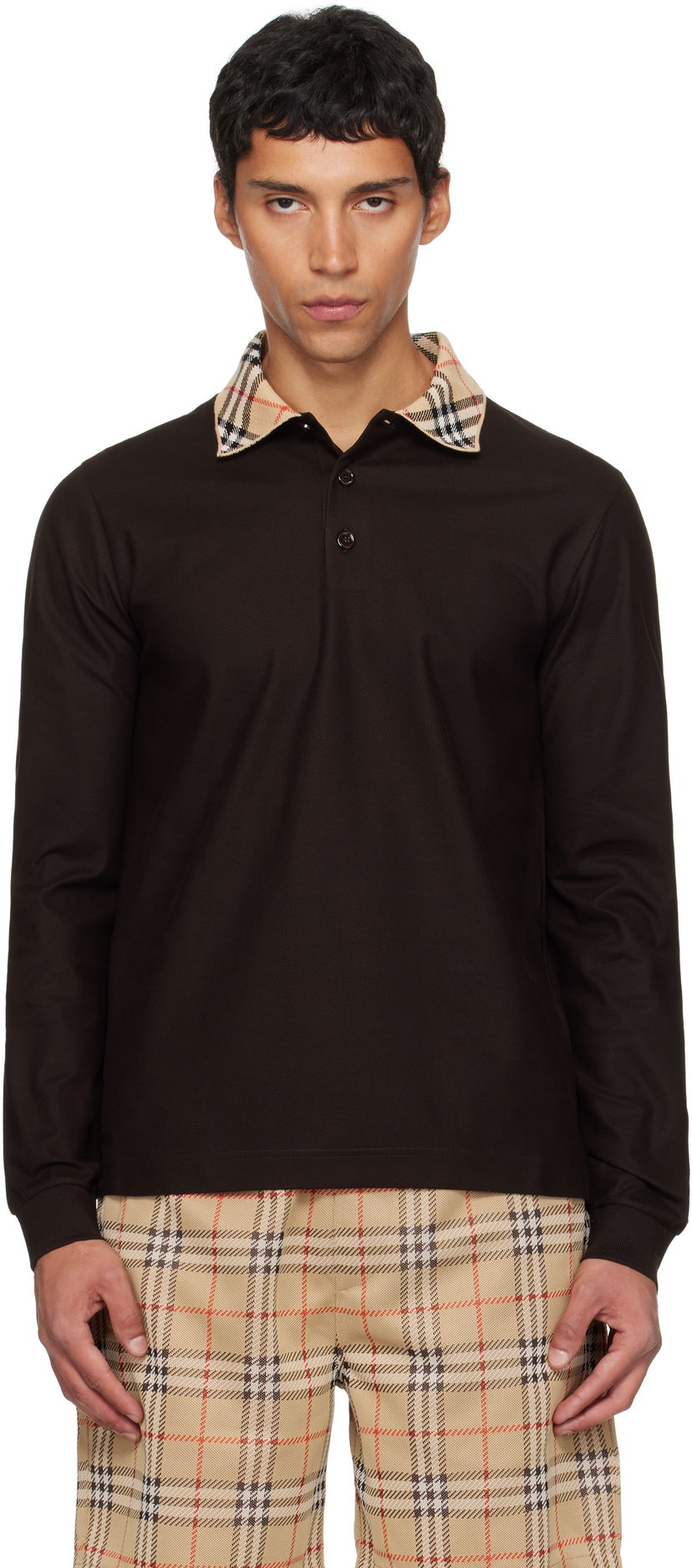 Polo majica Burberry Burberry Long Sleeve Polo with Check Collar Smeđa | 8116012