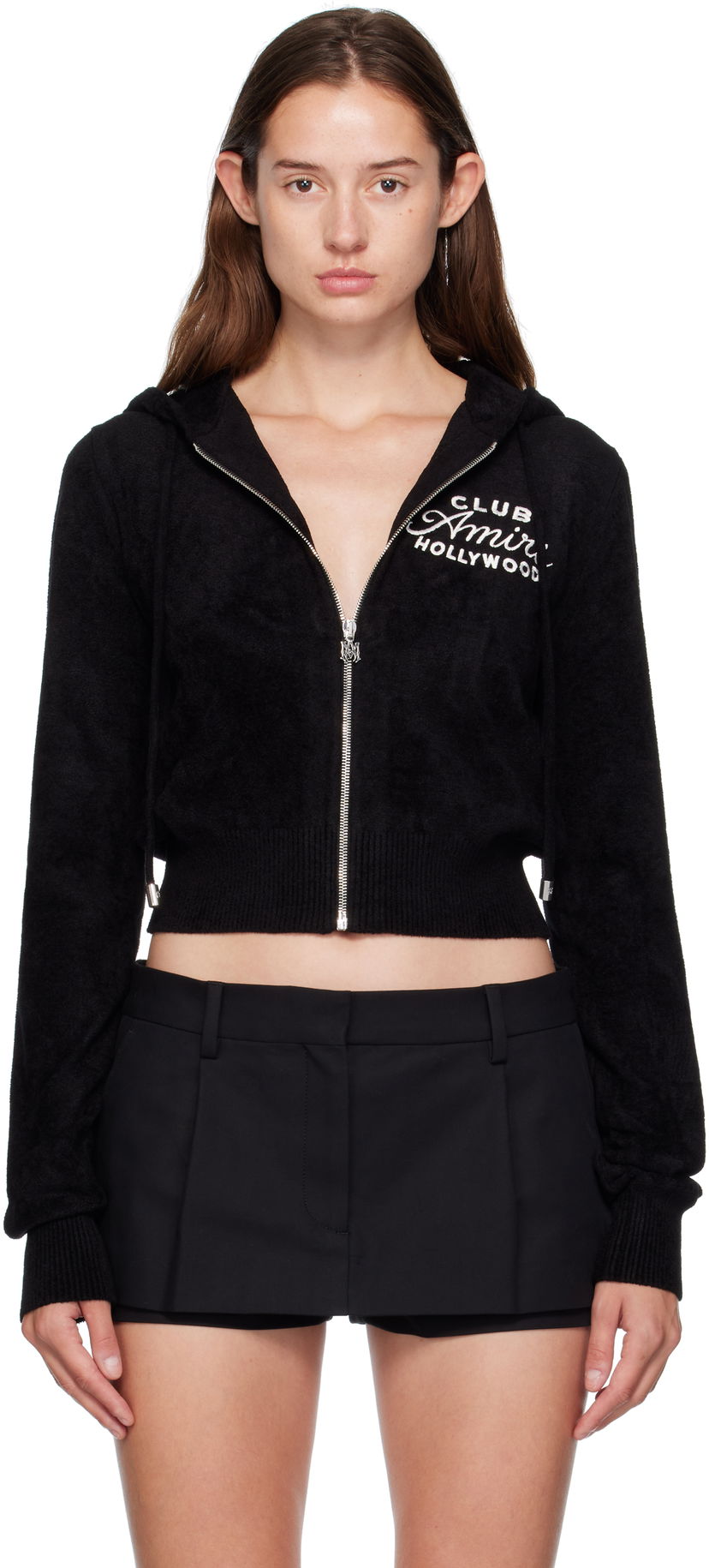Dukserice AMIRI AMIRI 'Club AMIRI' Cropped Zip-Up Hoodie Crna | AWKNHD1010