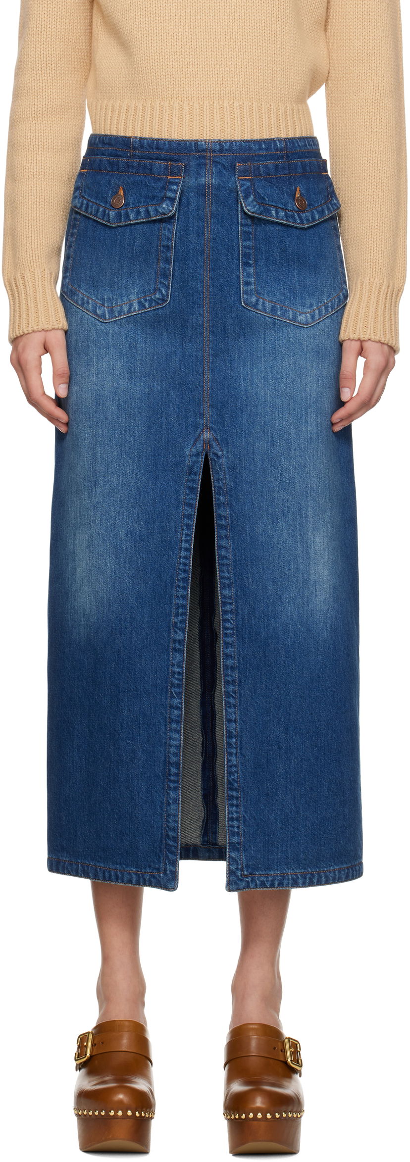 Suknja CHLOÉ Front-Slit Denim Midi Skirt Plava | CH24WDJ01150