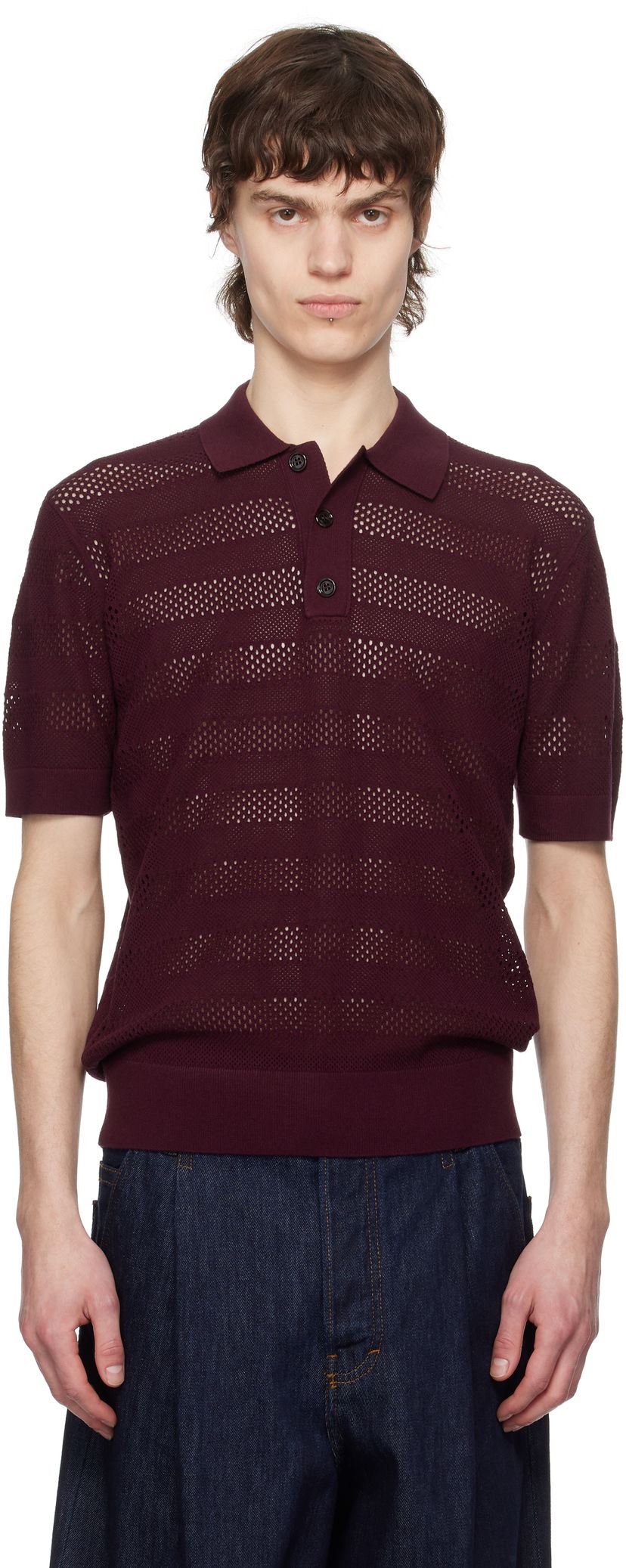 Polo majica Dries Van Noten Dries Van Noten Open-Knit Polo Tamnocrvena | 251-021213-1701