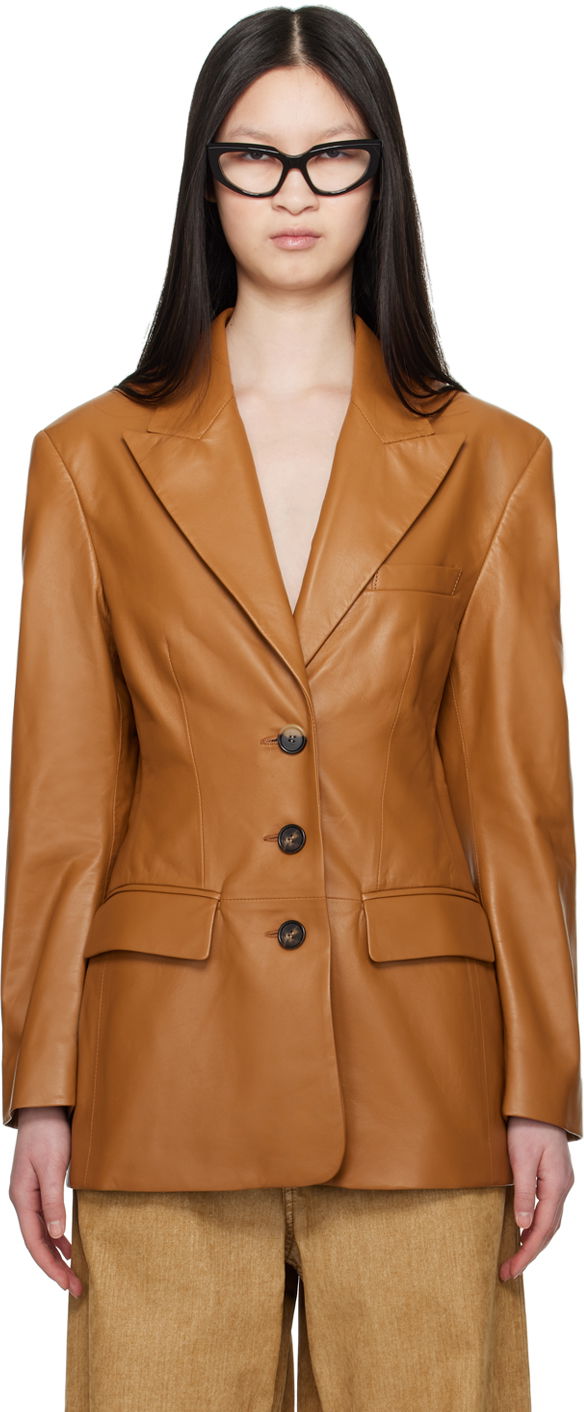 Jakna Marni Marni Peaked Lapel Leather Blazer Smeđa | GIMX0247U0 ULA736