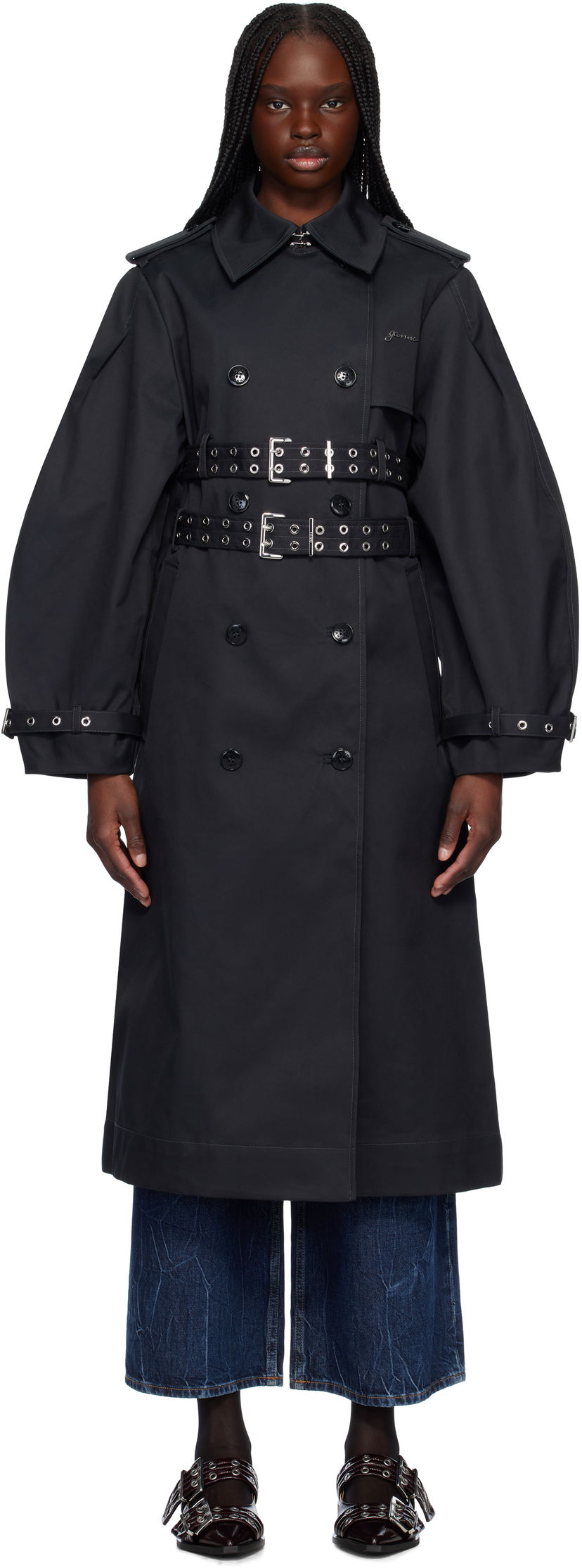 Trenčkot GANNI Ganni Bonded Cotton Trench Coat Crna | W0395