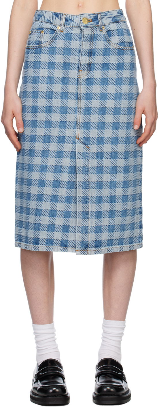 Suknja AMI AMI Paris Gingham Denim Midi Skirt Plava | FSK211.DE0010