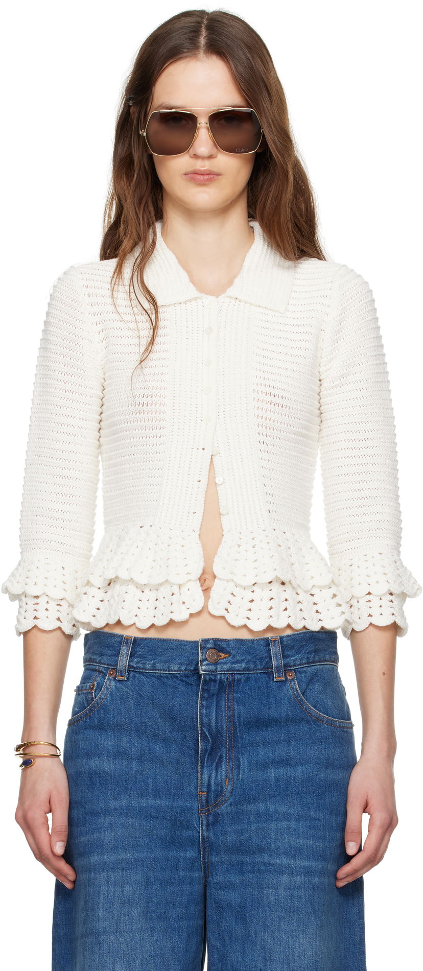 Džemper CHLOÉ Chloé Fitted Ruffled Cropped Cardigan Bijela | CH25UMP05545