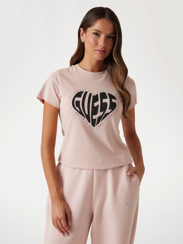 Majica kratkih rukava GUESS Guess Logo Rhinestone Heart T-Shirt Ružičasta | V5RI08J1314