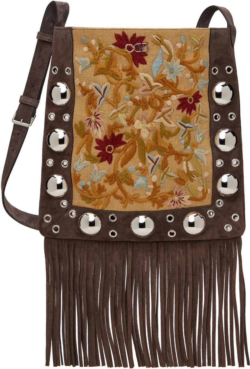 Torba za rame Valentino Valentino Garavani Nellcôte Fringe Embroidered Shoulder Bag Smeđa | 6W2B0R33GRT