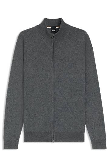 Džemper BOSS Virgin Wool Zip-Up Cardigan with Embroidered Logo Siva | 50476347