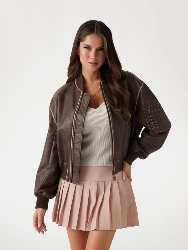 Bomber jakna GUESS Faux Leather Bomber Jacket Smeđa | W5RL21WGW40
