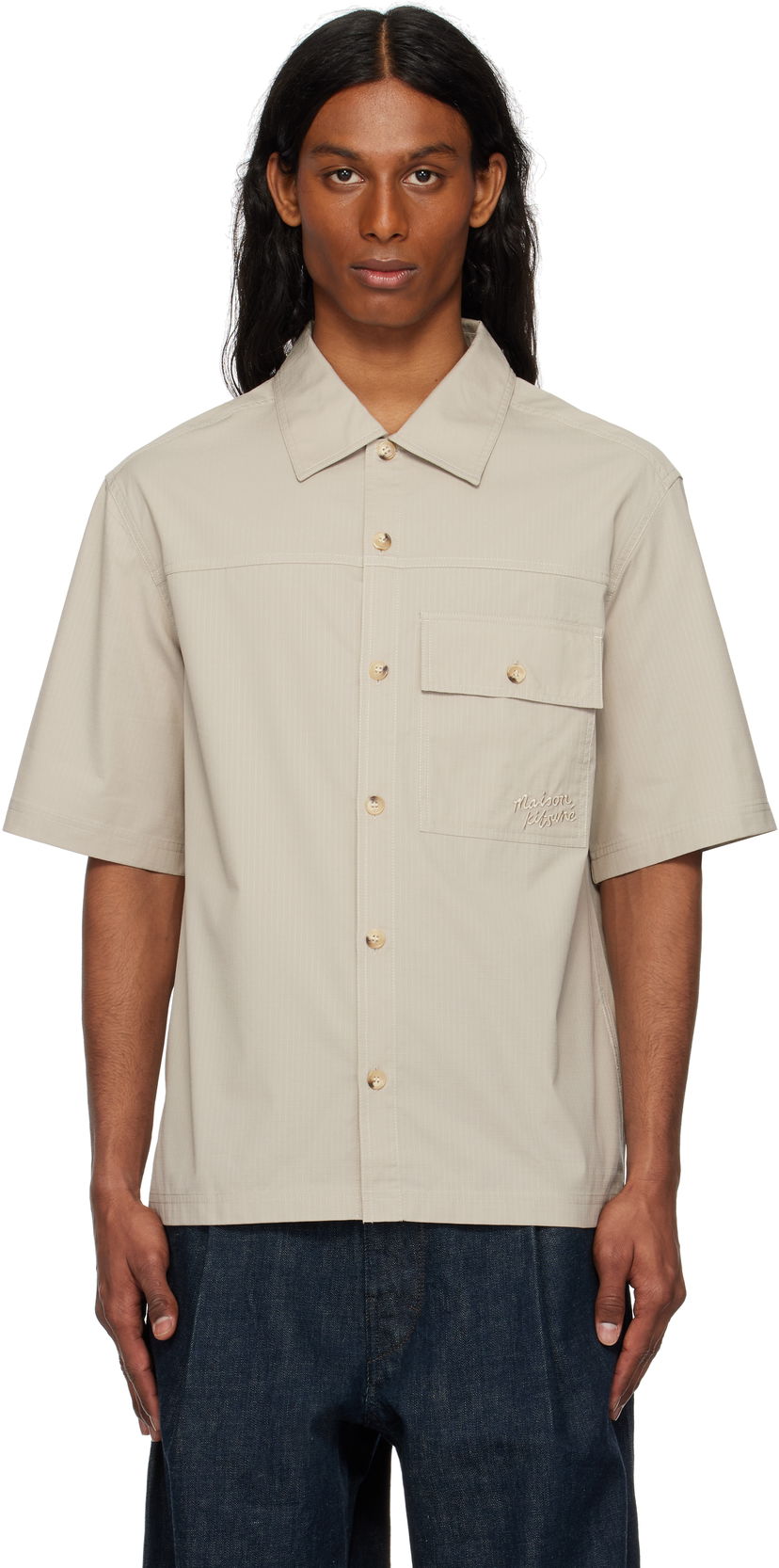 Košulja MAISON KITSUNÉ Maison Kitsuné Short Sleeve Overshirt Bež | OM00429WW9020