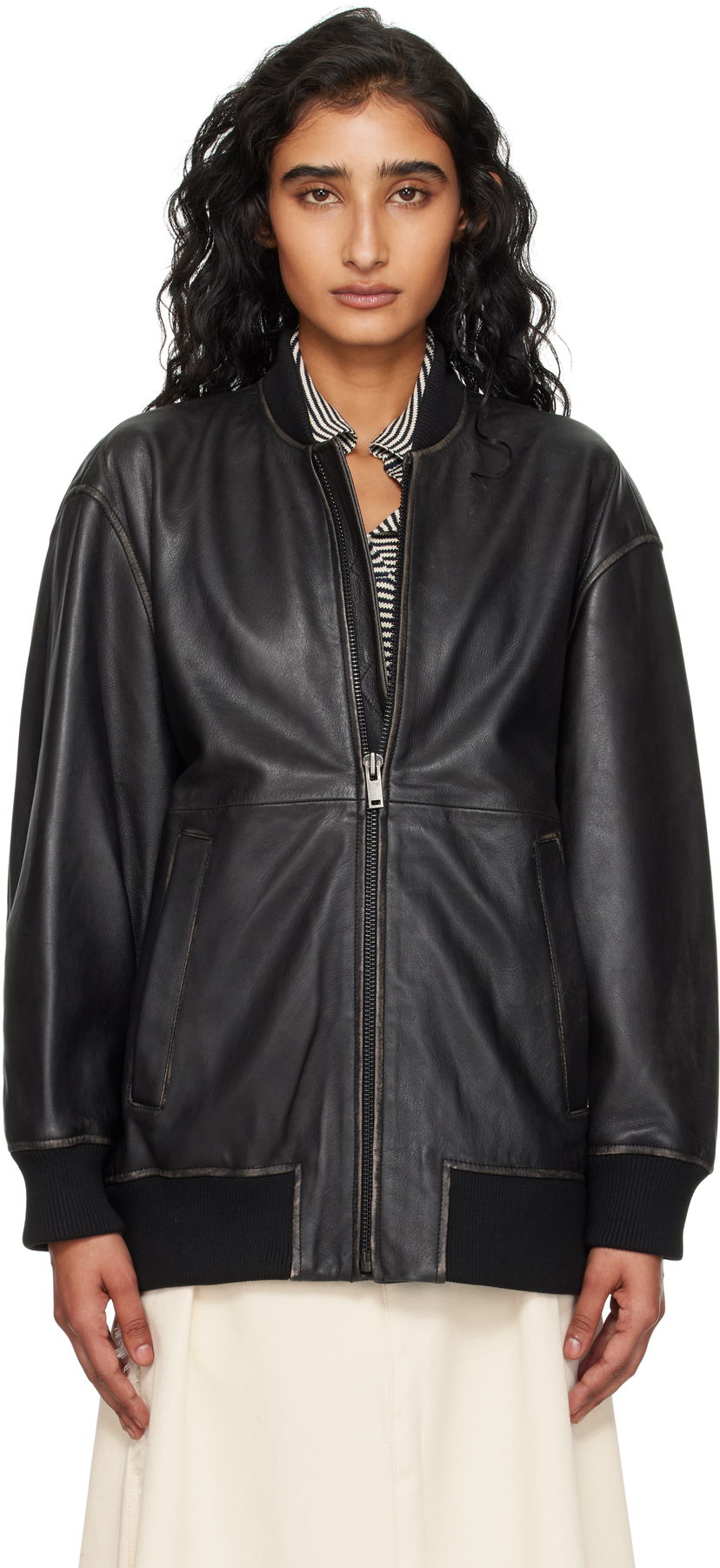 Bomber jakna Max Mara Weekend Max Mara Tattico Leather Jacket Crna | 2525446031600