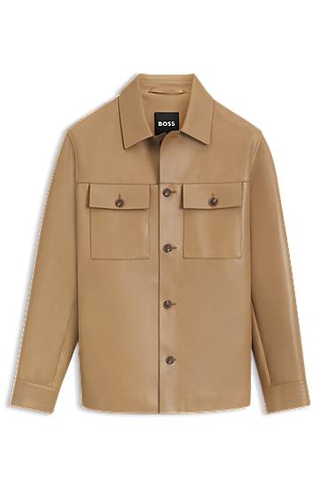Jakna BOSS Shirt-style leather jacket with flap pockets Bež | 50543222, 0