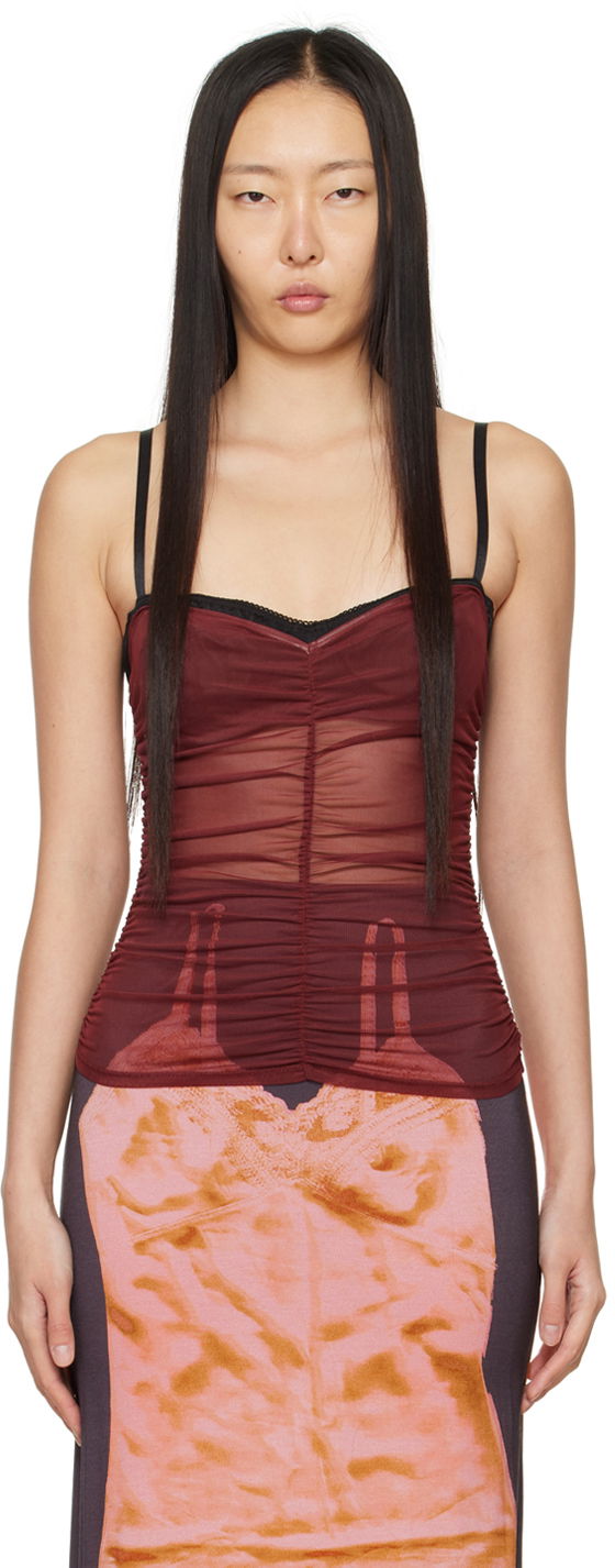 Majica bez rukava Miaou Miaou Renzo Ruched Mesh Tank Top Crvena | 7064PM1RUS
