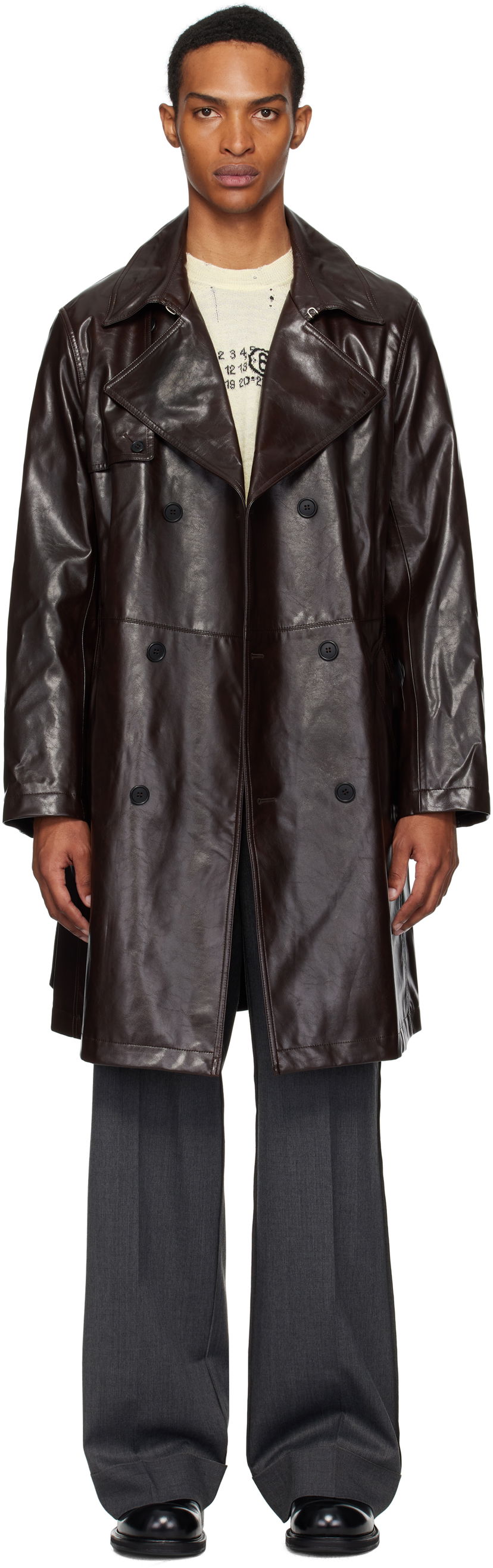 Trenčkot Maison Margiela MM6 Maison Margiela Double-Breasted Faux-Leather Jacket Smeđa | SH0AH0006 M35465