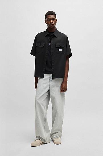 Košulja BOSS Oversized Cotton Twill Shirt with Logo Patch Crna | 50517871, 1