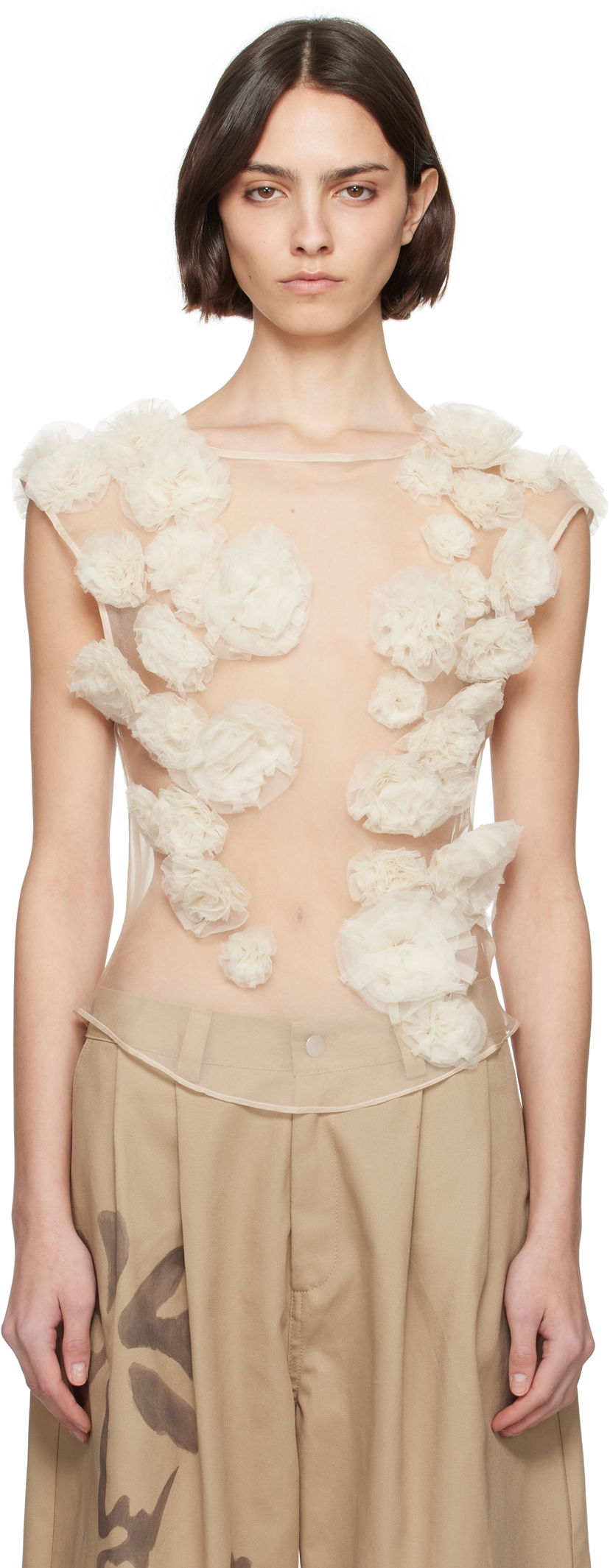 Majica bez rukava Collina Strada Collina Strada Meadow Path Floral Appliquéd Tulle Tank Top Bež | XX3057