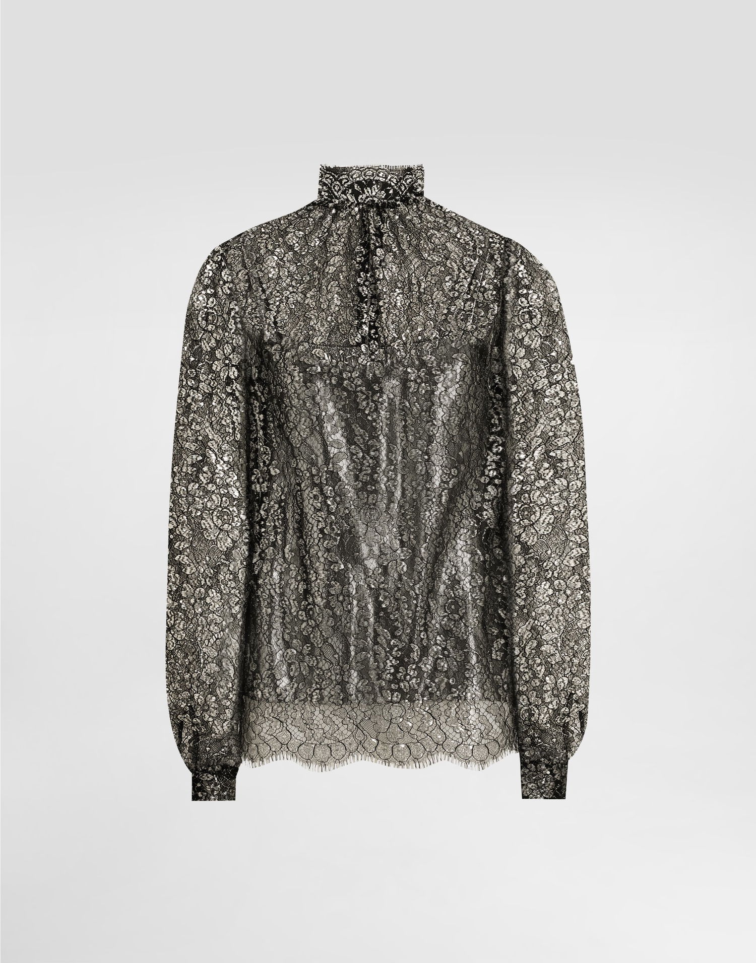Košulja Dolce & Gabbana High-neck Long-sleeve Lamé Lace Top with Scalloped Hem, Collection Metalik | F7BD7TILMCFS0998, 0