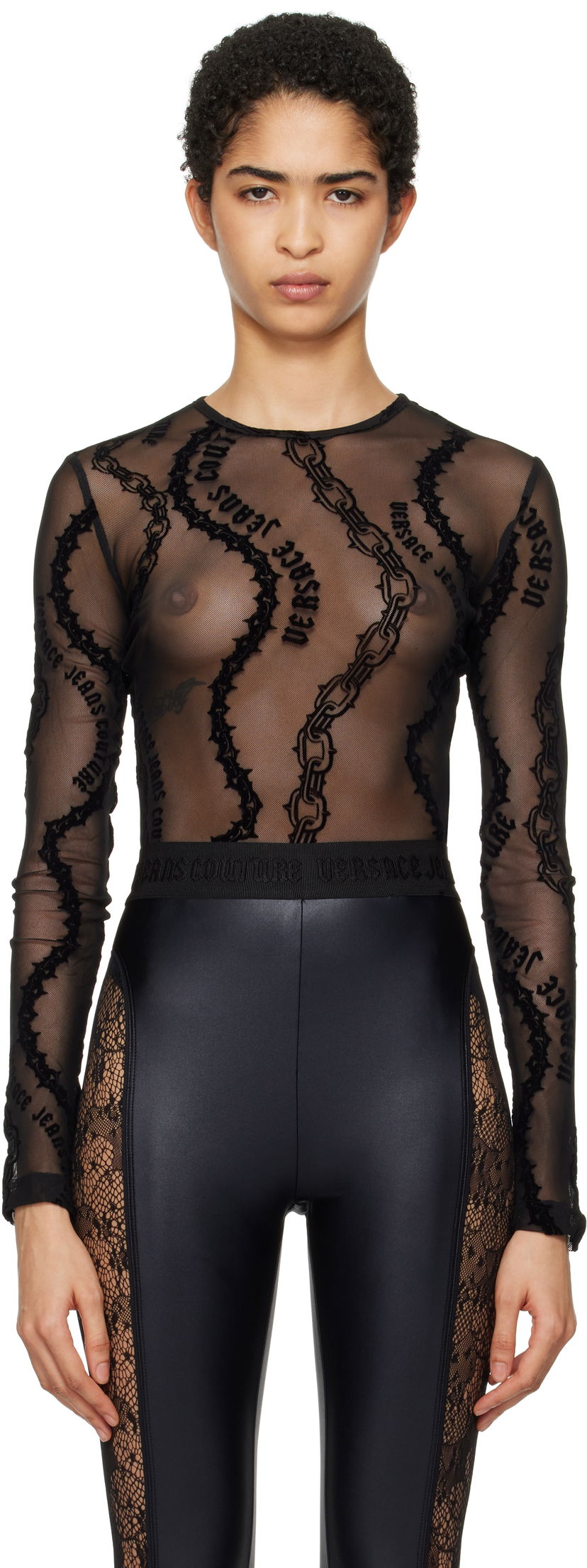 Majica kratkih rukava Versace Chain Couture Mesh Bodysuit Crna | E77HAM2A1_EJS392
