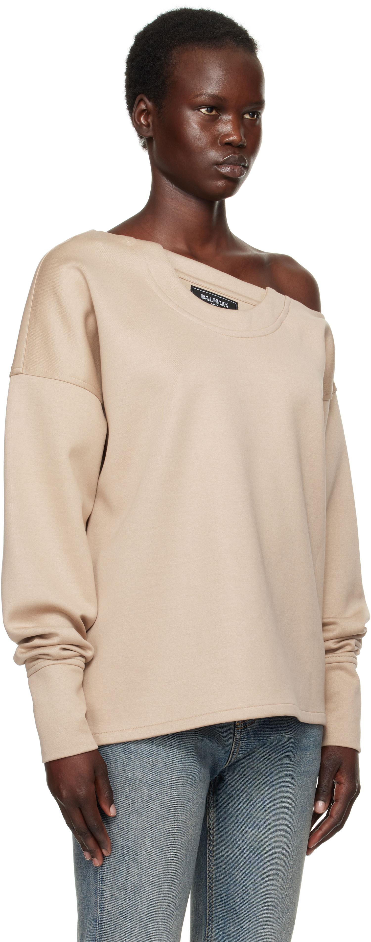 Džemper Balmain Balmain Asymmetrical Jersey Off-The-Shoulder Sweatshirt Bež | EF1HU301JJ69, 1