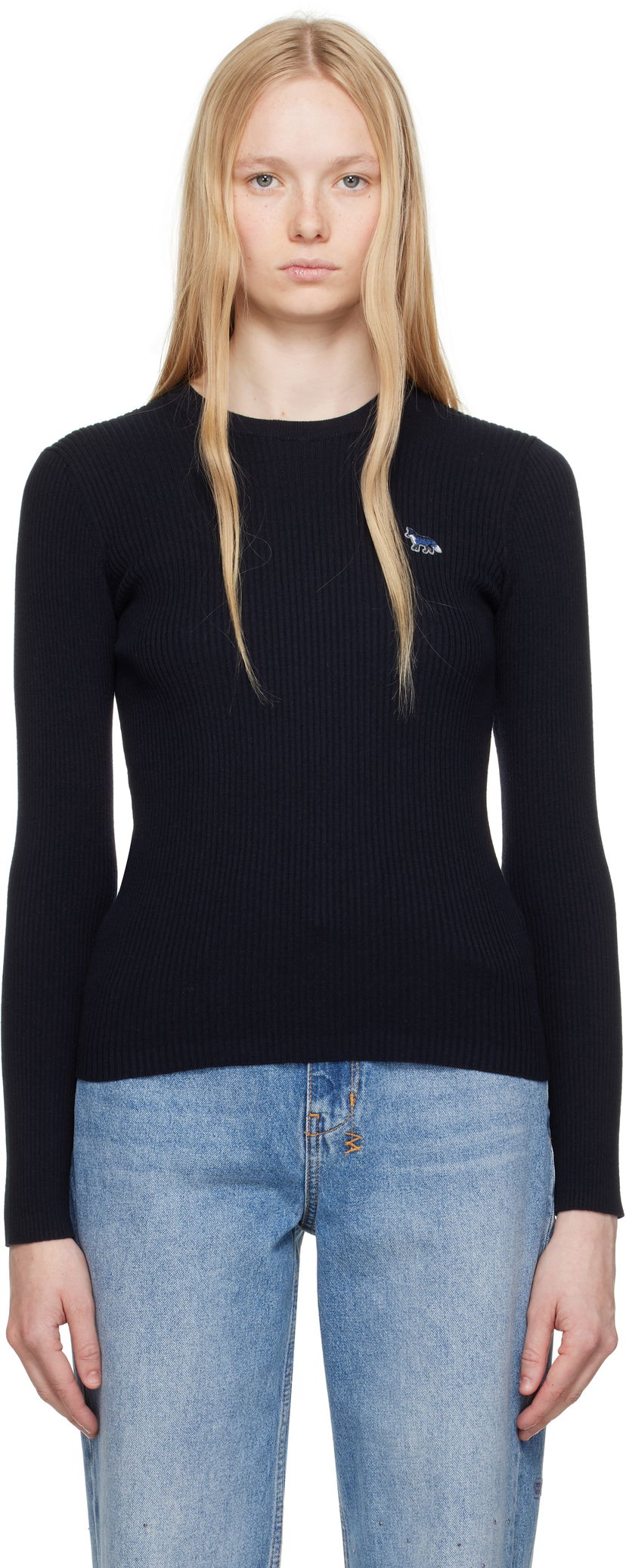 Džemper MAISON KITSUNÉ Maison Kitsuné Baby Fox Patch Fine Ribbed Sweater Crna | OW00801KT1091