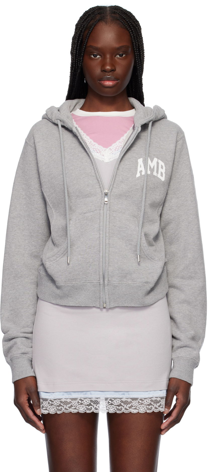Dukserice Ambush AMBUSH 'AMB' Graphic Zip-Up Cropped Hoodie Siva | 12115407