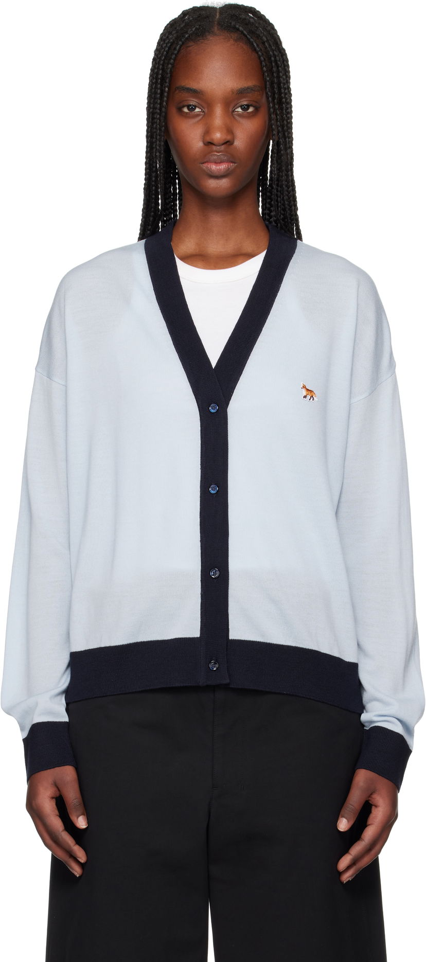 Džemper MAISON KITSUNÉ Maison Kitsuné Bi-Color Comfort Cardigan with Fox Patch Plava | OW00516KT1136