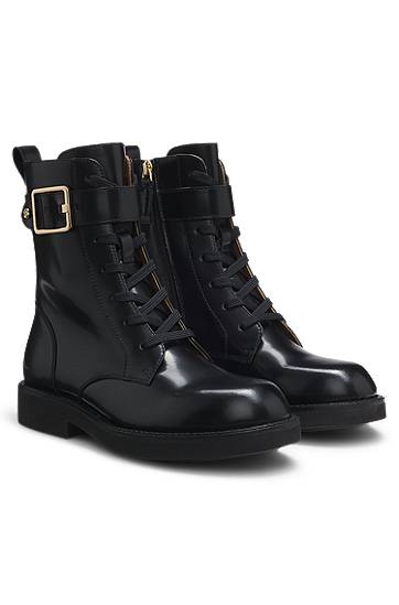 Tenisice i cipele BOSS Lace-up Leather Boots with Buckle Detail and Chunky Sole Crna | 50552772