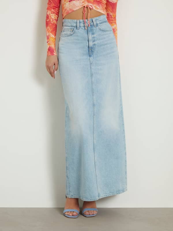 Suknja GUESS Back Slit Denim Midi Skirt Plava | W4GD53D5B66