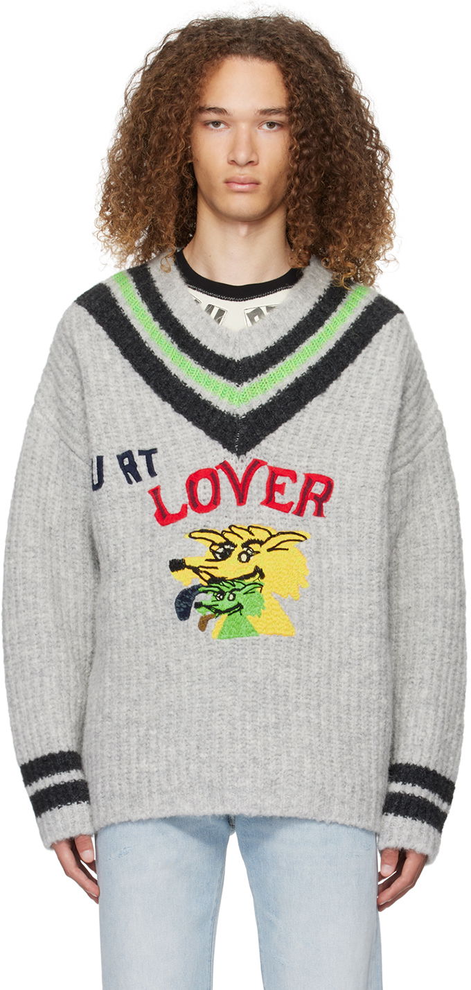 Džemper ERL 'Hurt Lover' Graphic V-Neck Sweater Siva | ERL07N004