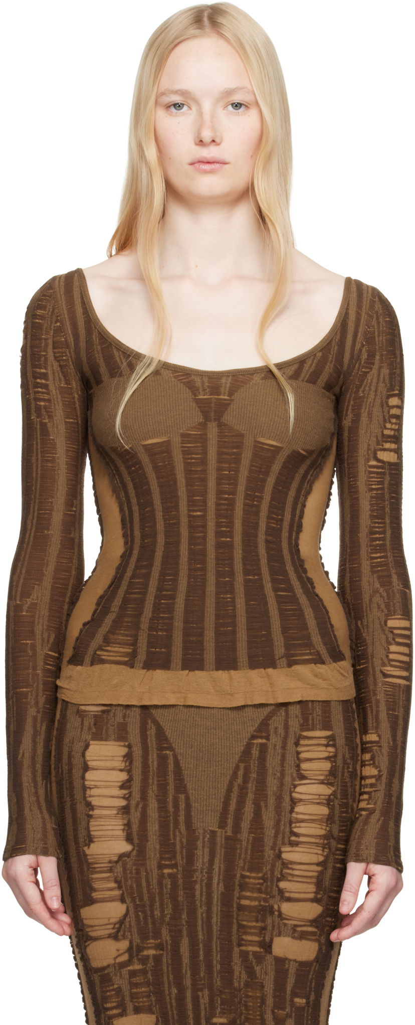 Haljina Diesel Diesel M-Calai Distressed Ribbed Knit Top Smeđa | A19218 0BJBI