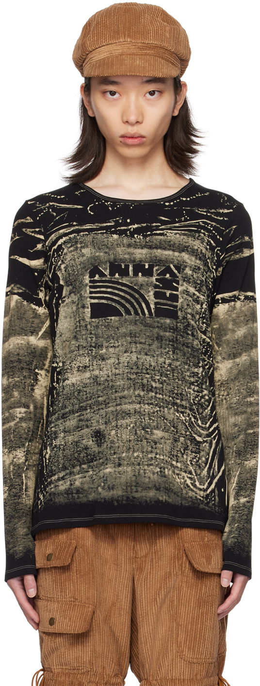 Majica kratkih rukava Anna Sui Exclusive Black & Beige Graphic Long Sleeve T-Shirt Crna | MT624A1