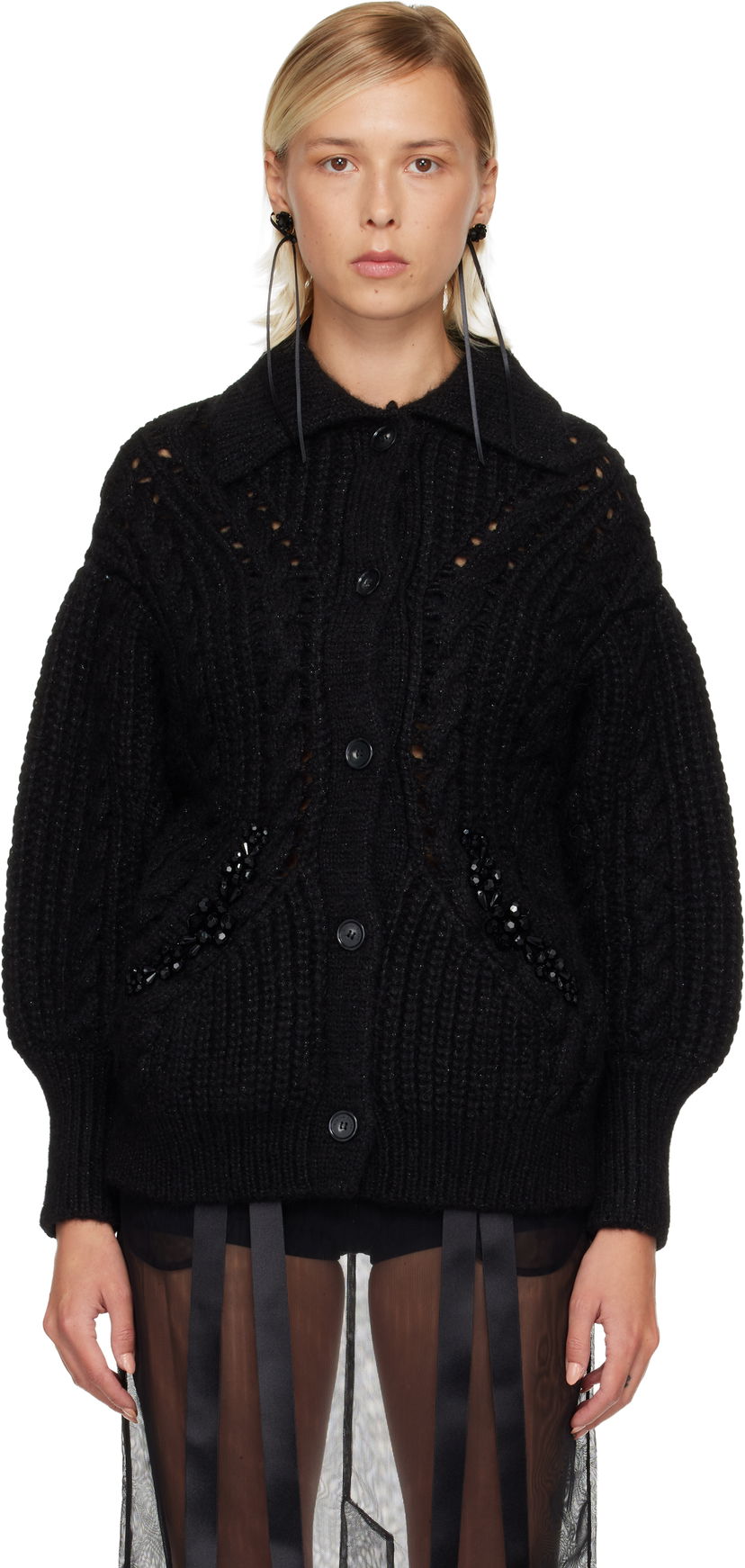 Džemper Simone Rocha Simone Rocha Sculpted Chunky Knit Cardigan Crna | MZMK1B 0665
