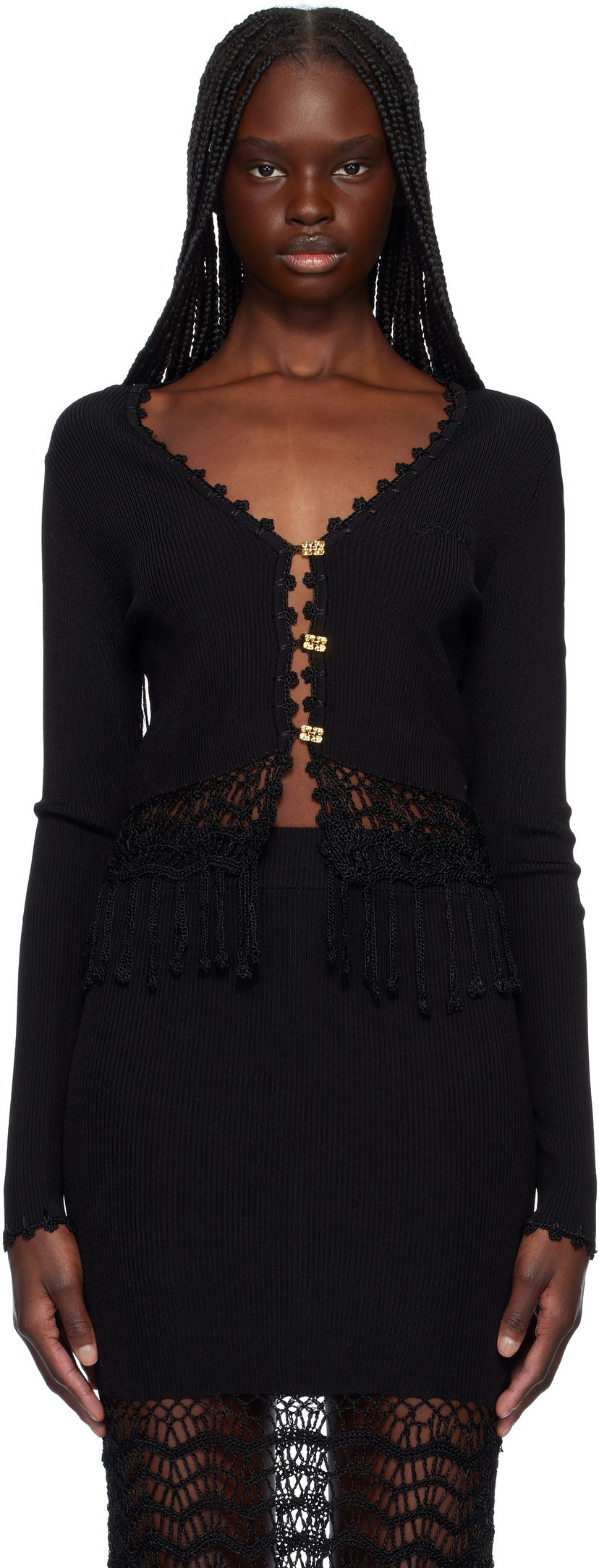 Džemper GANNI Ganni Shiny Viscose Crochet Cardigan Crna | K2433
