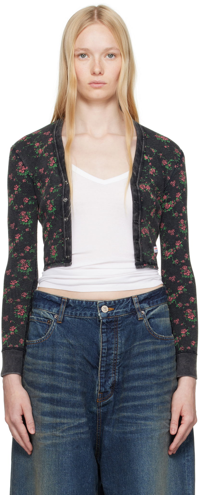 Džemper Alexander Wang Alexander Wang Floral-Print Waffle Knit Cropped Cardigan Crna | 8C4245810P